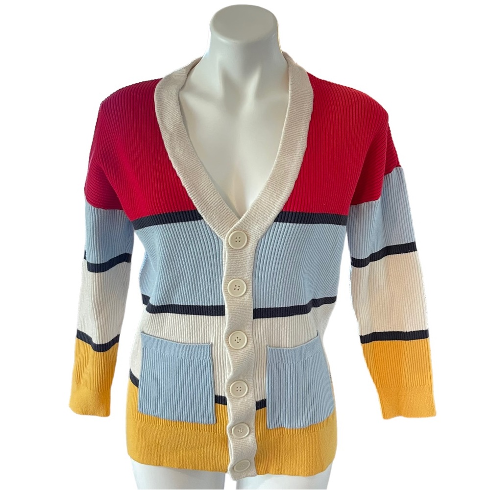 Modcloth Multi-Color Striped Ribbed Button Up Swe… - image 1